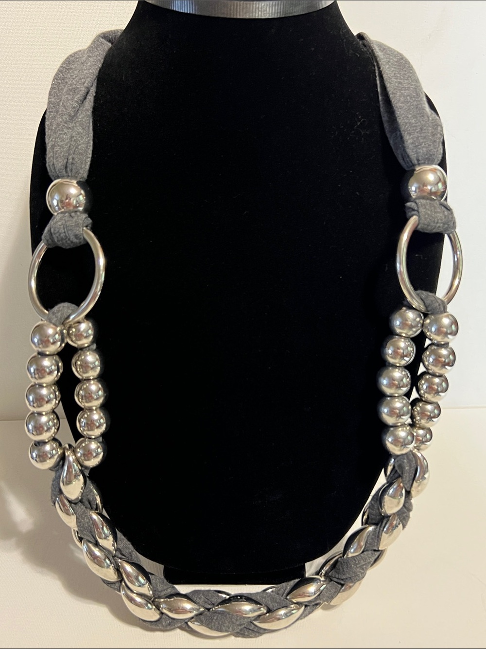 Gray and Silver Braided Statement Necklace Chunky Fashion Jewelry